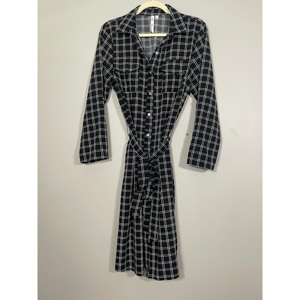 NY Collection Shirt Dress Womens PXL Black Plaid Excellent Tie Waist Roll Tab